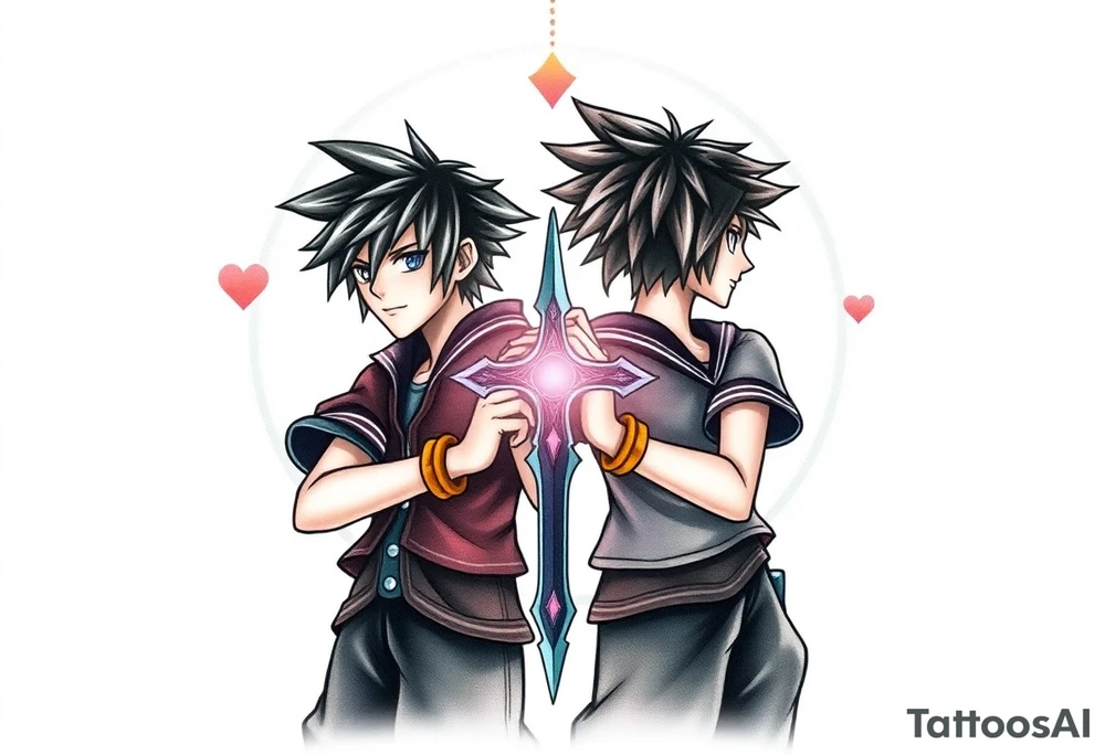 Kingdom Hearts tattoo design featuring Sora from the game, together in a dynamic, united pose. The centerpiece should include the Heartless Keyblade, with a beautiful and ethereal Kingdom Hearts-inspired background—think glowing stars, floating islands, and stained-glass elements in backroung. The design should capture themes of friendship, light vs. darkness, and adventure. Style should be detailed, fantasy-oriented, and suitable for a large piece tattoo idea