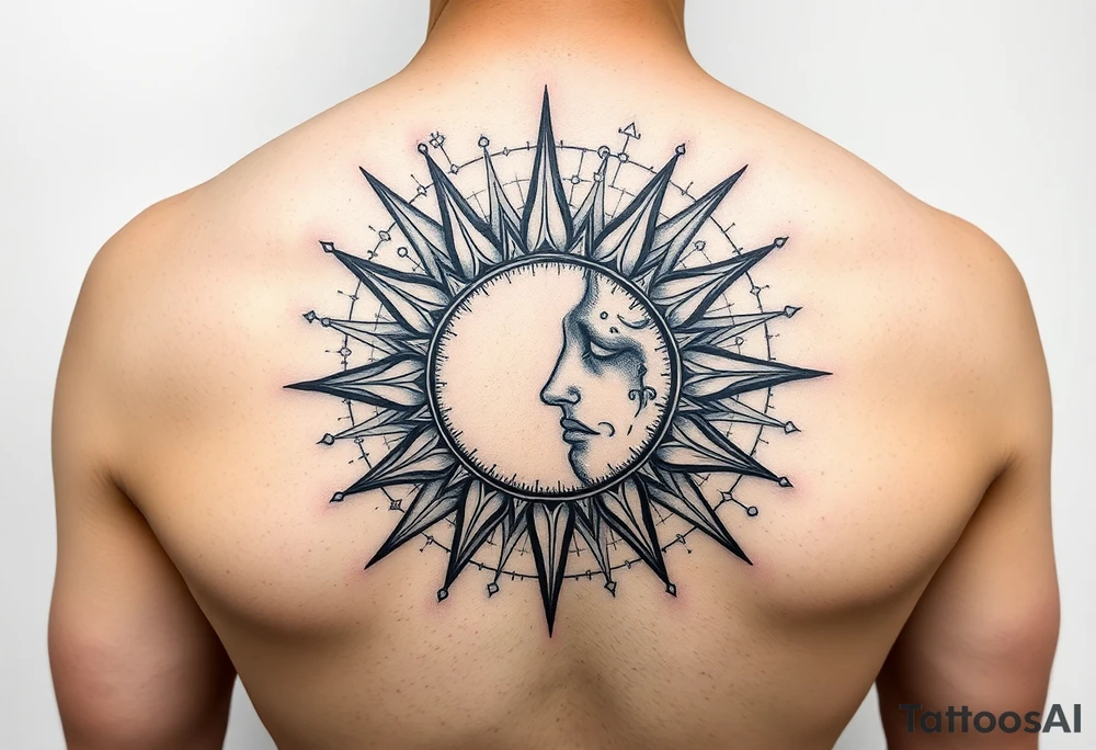 celestial sun and moon embrace with constellation patterns tattoo idea