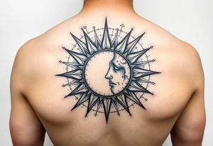 celestial sun and moon embrace with constellation patterns tattoo idea