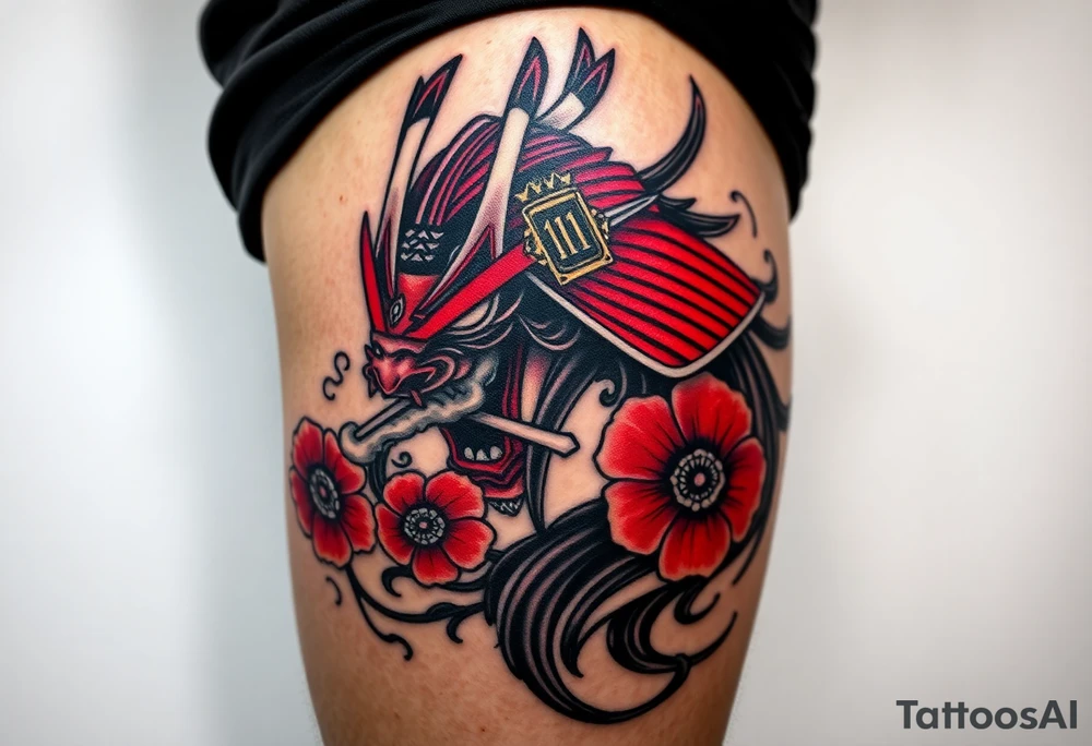 Big Rouge ronin to cover the entire thigh with smoke coming out of its mouth with 11b tattooed under its left eye with 1 poppy on each side of the ronin tattoo idea