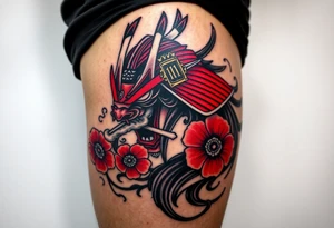 Big Rouge ronin to cover the entire thigh with smoke coming out of its mouth with 11b tattooed under its left eye with 1 poppy on each side of the ronin tattoo idea