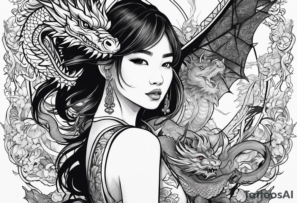 a girl seen from far, surrounded by asian dragon with wings tattoo idea