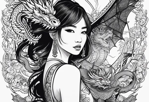a girl seen from far, surrounded by asian dragon with wings tattoo idea
