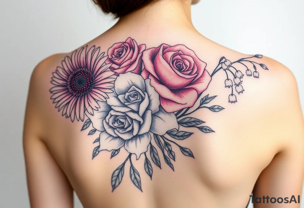 Bouquet of flowers with a aster, carnation, rose, Lily of the valley, delphinium with stems Starting upper middle back to right shoulder tattoo idea