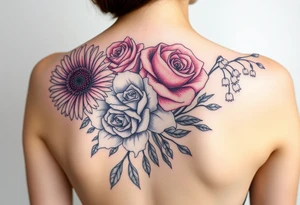 Bouquet of flowers with a aster, carnation, rose, Lily of the valley, delphinium with stems Starting upper middle back to right shoulder tattoo idea