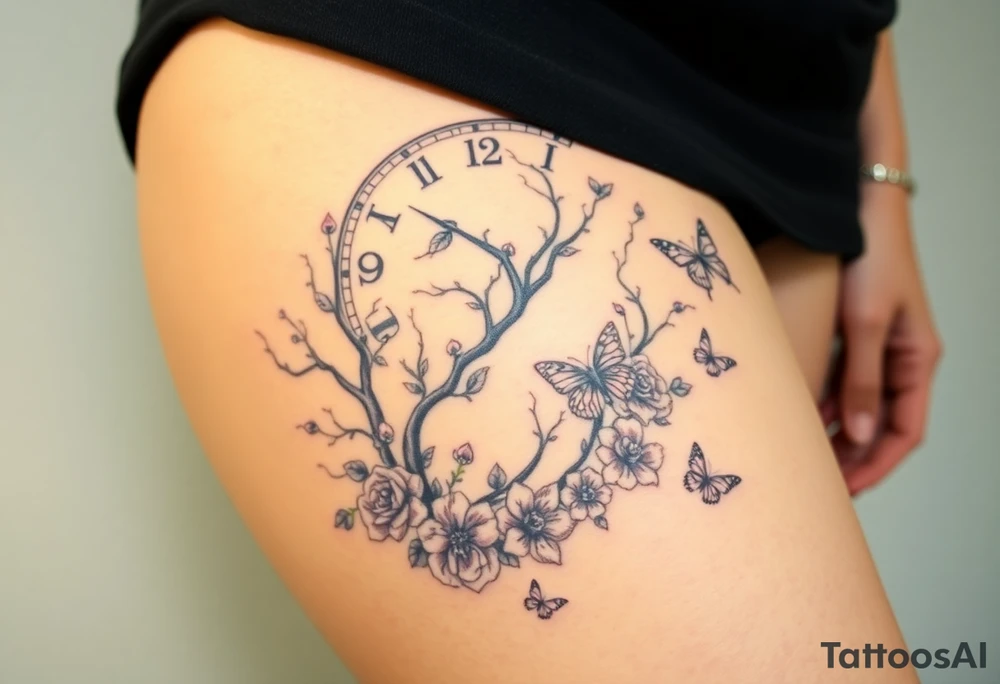 a big clock, big poisoned tree, big and small roses, big and small butterflies tattoo idea