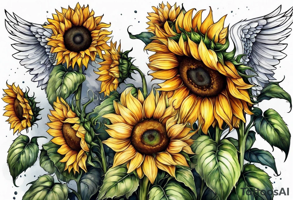 Sunflowers and angel wings leg sleeve tattoo idea