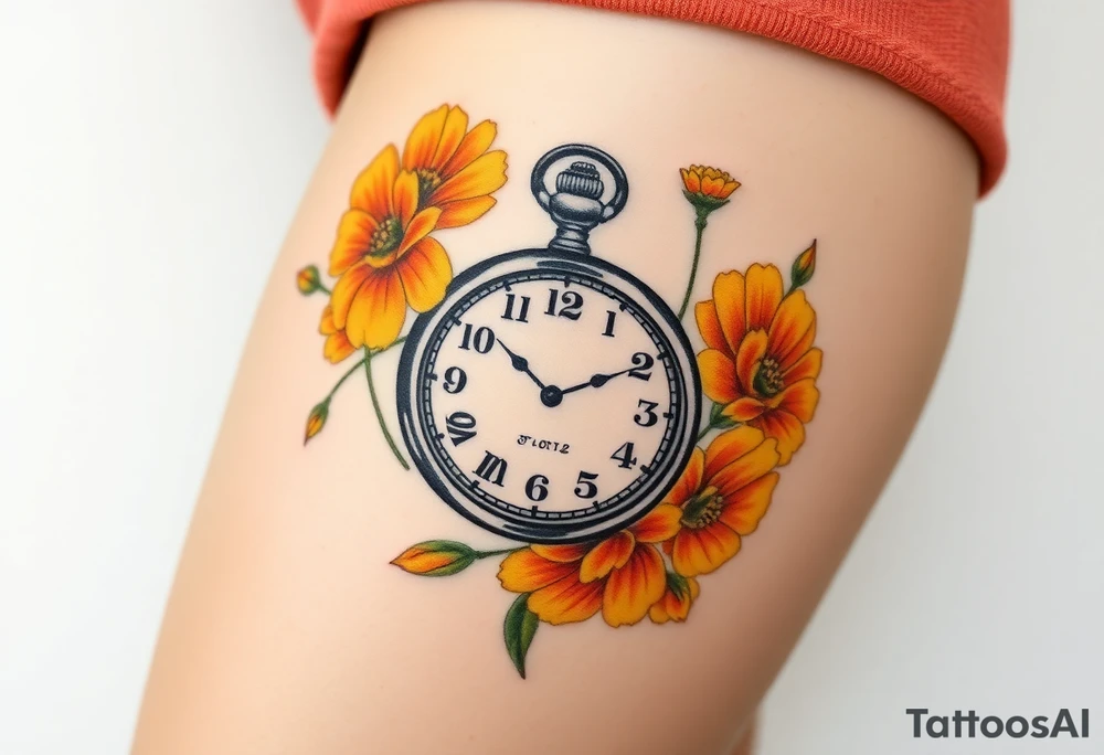 Beautiful pocket watch surrounded by orange and yellow marigolds tattoo idea