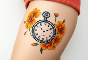 Beautiful pocket watch surrounded by orange and yellow marigolds tattoo idea