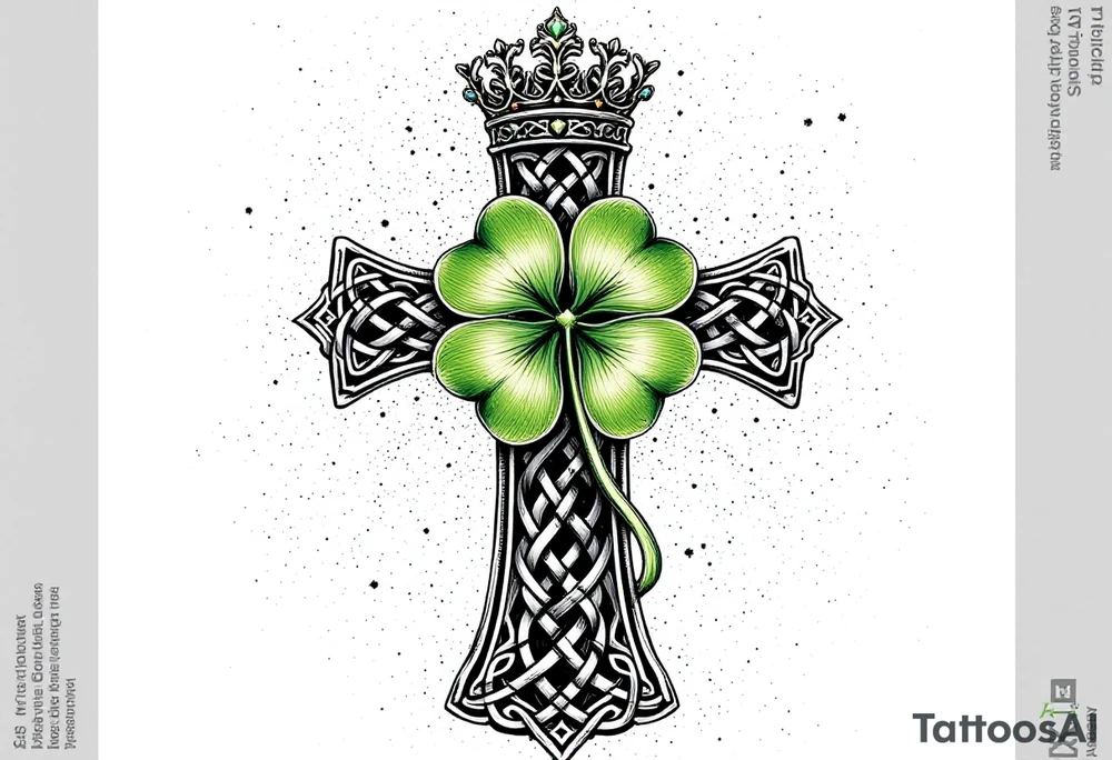 Celtic cross tattoo featuring intricate knotwork patterns along the arms and base of the cross. At the heart of the cross, place a vibrant four-leaf clover, its leaves shaded with subtle gradients of green, symbolizing luck and unity. Above the cross, incorporate a regal crown adorned with ornate details, such as small gemstones or filigree, to signify authority and strength. The entire composition should have a balanced, harmonious feel, with the textures and shading creating a sense of depth and dimension. Surround the design with a faint aura or subtle accents, like soft wisps of light, to add a spiritual and mystical quality tattoo idea