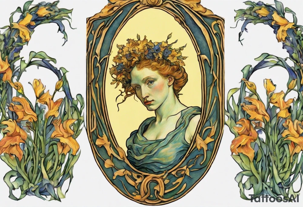 Create a colorful Vincent van Gogh Irises tattoo with an ancient Greek female statue in the middle. The tattoo should take the form of a crescent, with vines gracefully intertwining at a central point in the middle of the wreath.  The intended placement is on the upper chest. The overall design should be small in size while maintaining a delicate and artistic aesthetic. Pay attention to the graceful flow of the vines and the placement of the irises to achieve a refined and elegant look. tattoo idea
