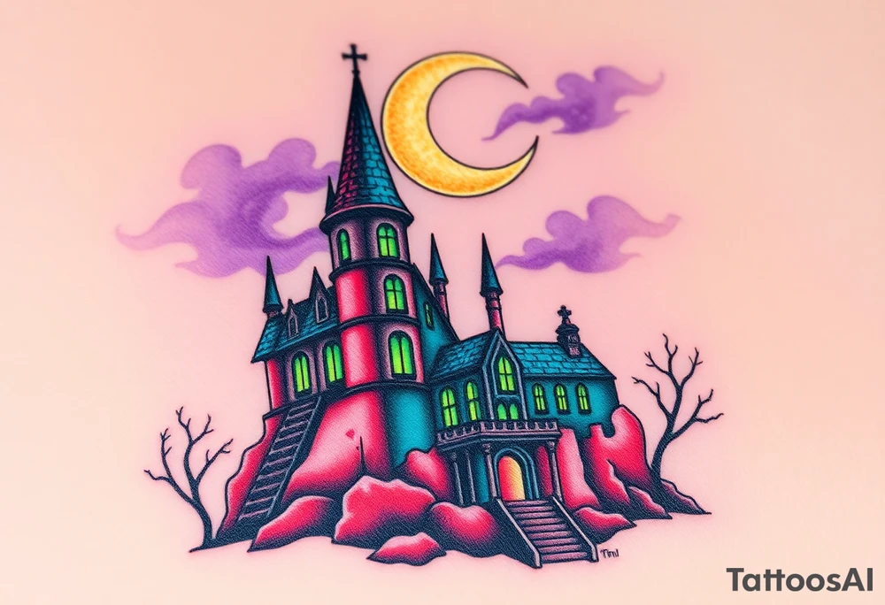 Tim Burton’s disney sleeping beauty’s haunted castle is abandoned and dripping with muted reds, dusty pinks, and eerie green glow.purple and cyan smokey clouds swirl in the crescent moonlit sky thats sprinkled with stars tattoo idea tattoo idea