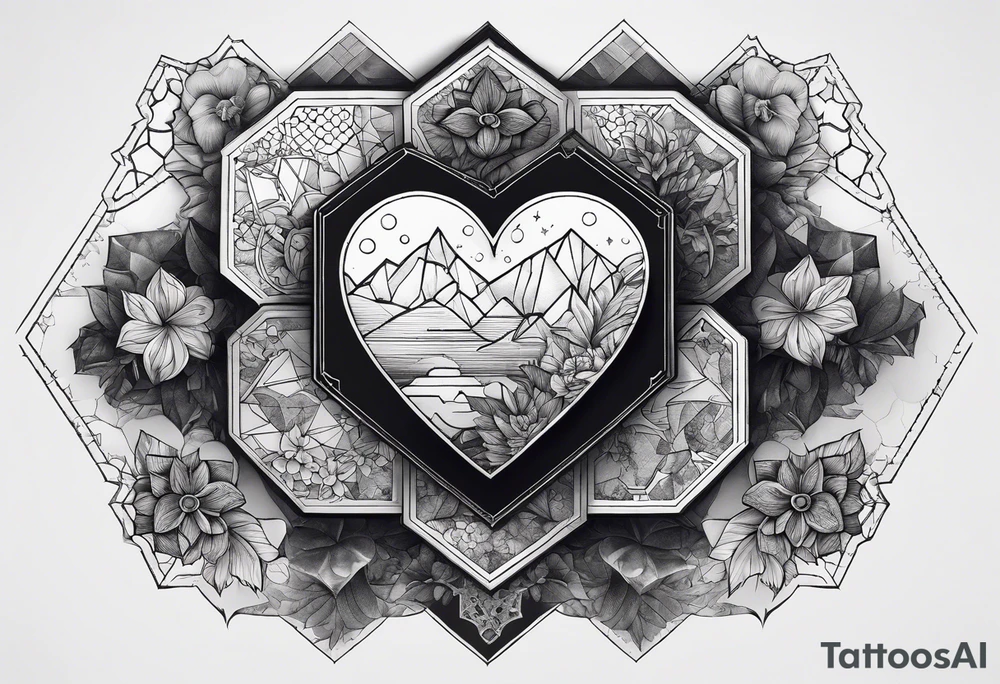 hexagon chest heart  surrounded by hexagons tattoo idea