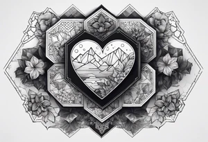 hexagon chest heart  surrounded by hexagons tattoo idea