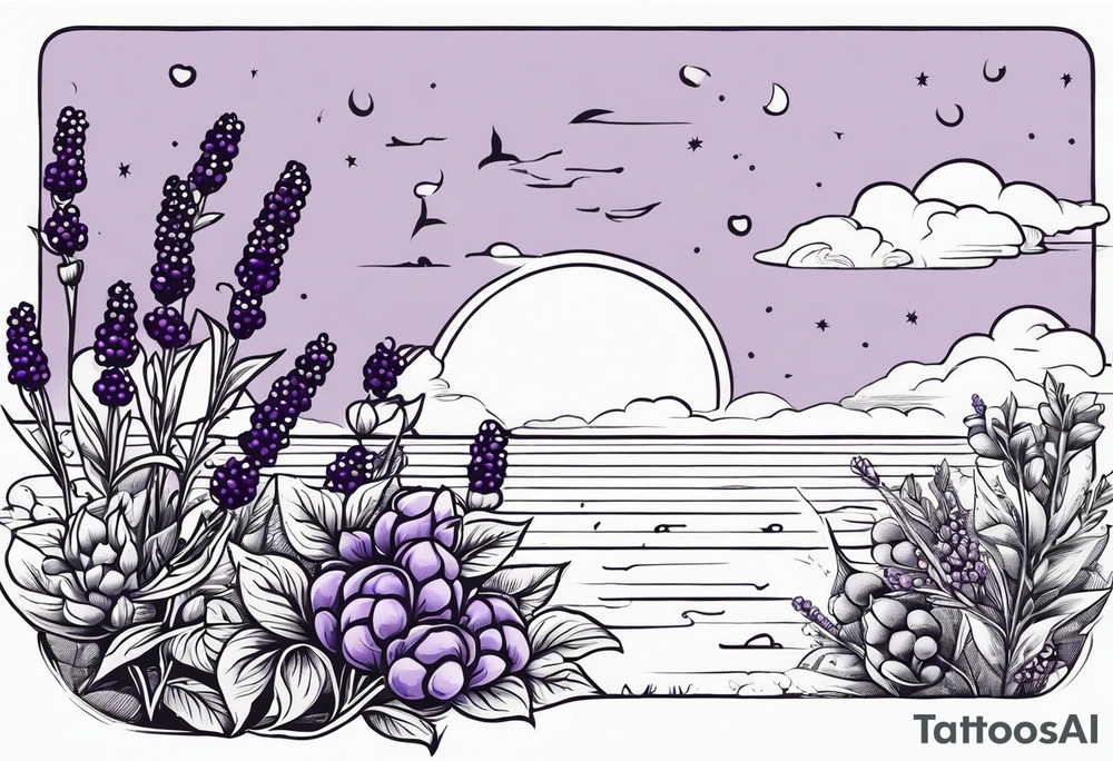 lavender flowers, with blackberry berries. symbol of the ocean and sky in the background. tattoo idea