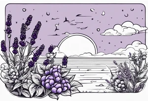 lavender flowers, with blackberry berries. symbol of the ocean and sky in the background. tattoo idea