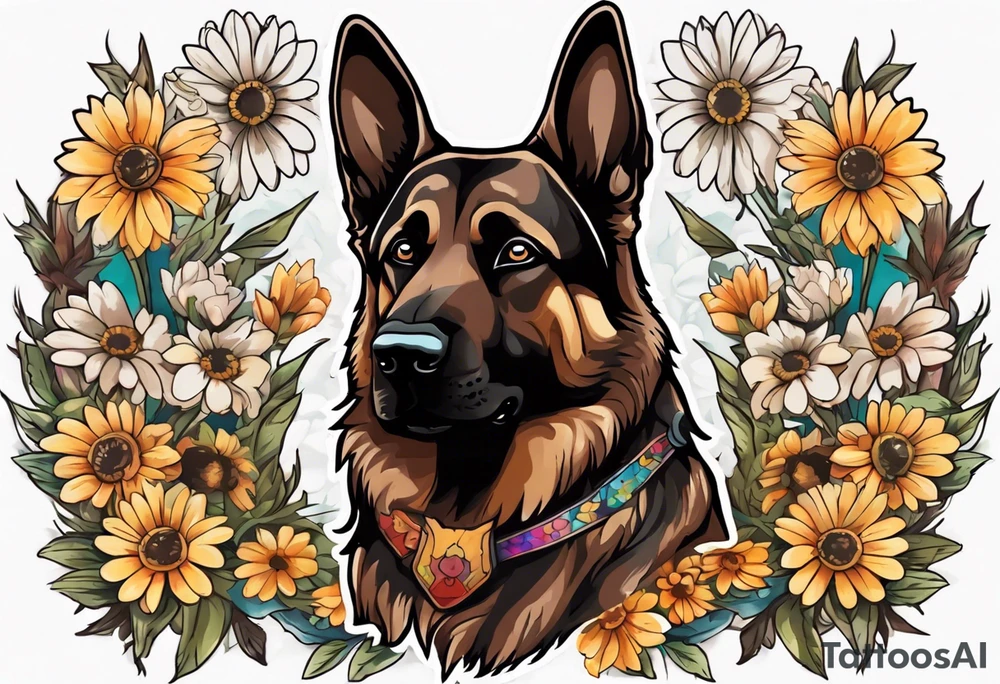 Dark Brown German shepherd portrait surrounded by  daisies brightly colored tattoo idea