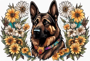 Dark Brown German shepherd portrait surrounded by  daisies brightly colored tattoo idea