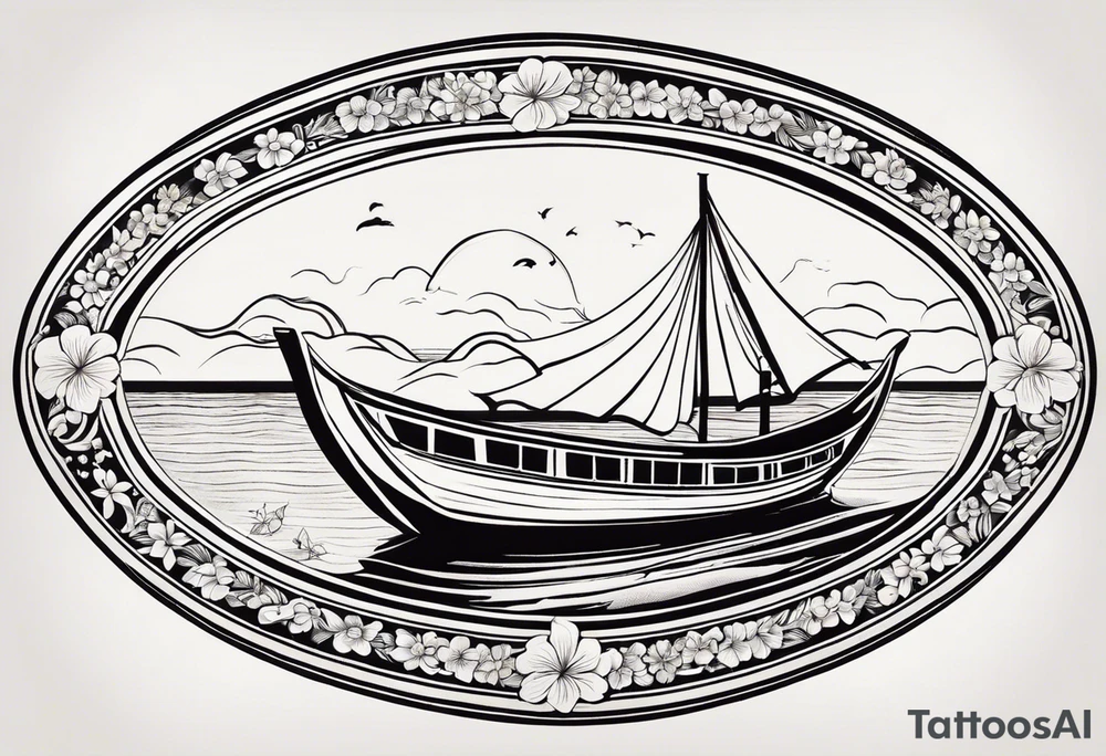 Create an oval-shaped frame with the text “Honeymoon” written in Thai inside the oval. At the center of the oval, place a traditional Thai long-tail boat decorated with flowers at its bow, as is customary. The boat should be floating on open water with gentle waves, and beneath the boat, include a swimming turtle. tattoo idea