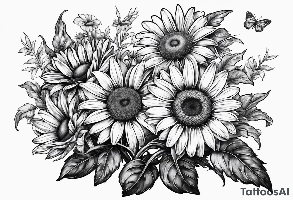 Daisy bouquet with stems and with a sunflower tattoo idea