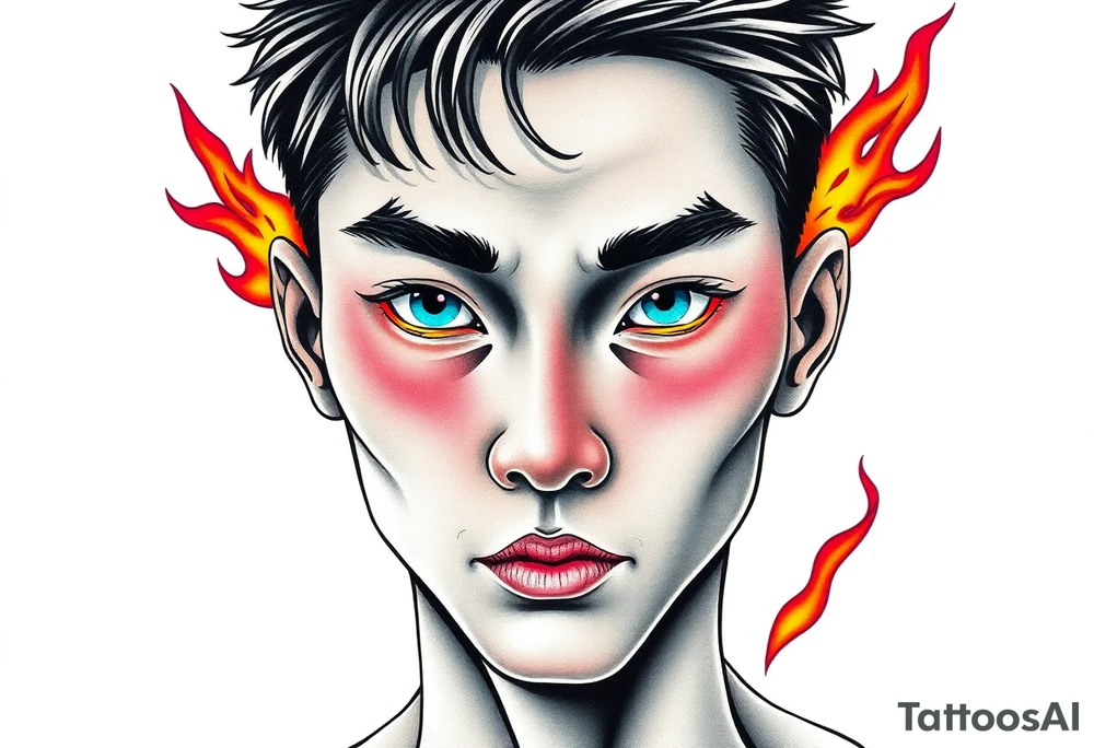 Handsome Asian young guy with burning eyes tattoo idea