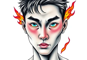 Handsome Asian young guy with burning eyes tattoo idea