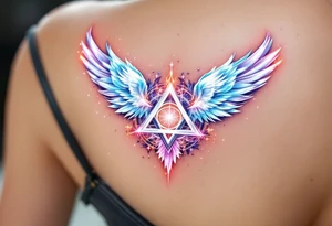 A glowing white triquetra surrounded by angelic feathers, symbolizing divine protection and purity. tattoo idea