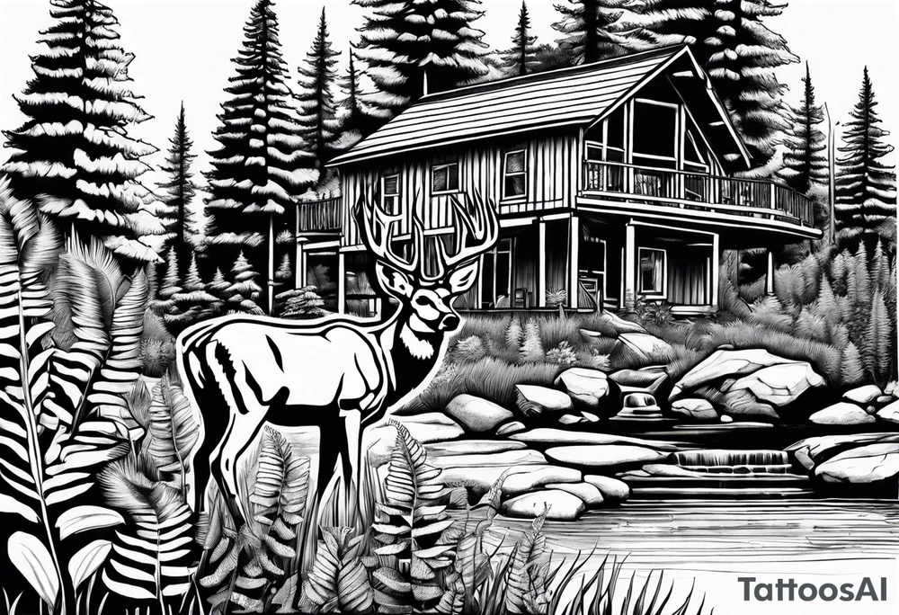 Cabin with ferns around it and a buck by a waterfall tattoo idea