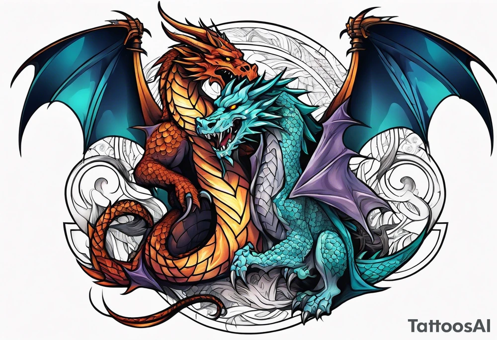 roaring dragons wizard and skull tattoo idea
