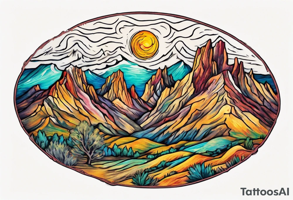 Small tattoo of New Mexico mountains, Van Gogh style, vibrant colors, swirling brushstrokes, detailed peaks, high quality, Van Gogh style, vibrant colors, swirling brushstrokes, detailed, professional, atmospheric lighting tattoo idea
