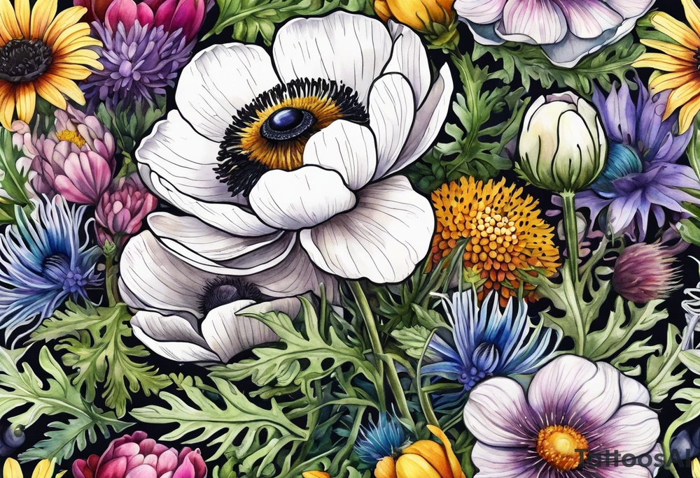 one white anemone with black center in the middle of mixed colorful wildflowers all with different shapes including thistles, ferns, ranuculus, and sun flowers all in watercolor tattoo idea