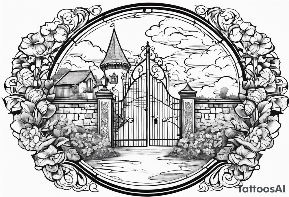 medieval town garden gate entrance circle vignette surrounded clouds floral tattoo idea