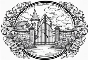 medieval town garden gate entrance circle vignette surrounded clouds floral tattoo idea