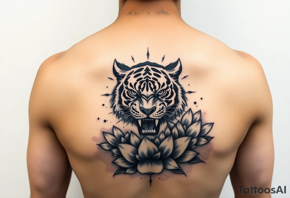 fierce tiger emerging through blooming lotus flowers in mist tattoo idea