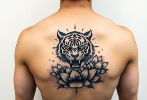 fierce tiger emerging through blooming lotus flowers in mist tattoo idea