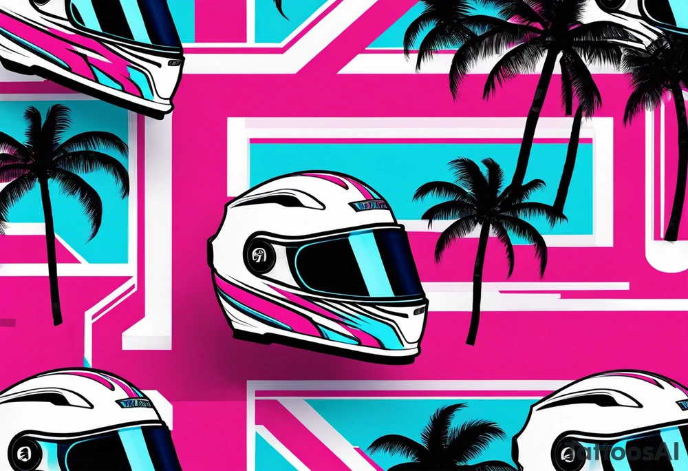 Formula 1 Helment with the Miami logo a palm tree and pink black and light blue colors tattoo idea