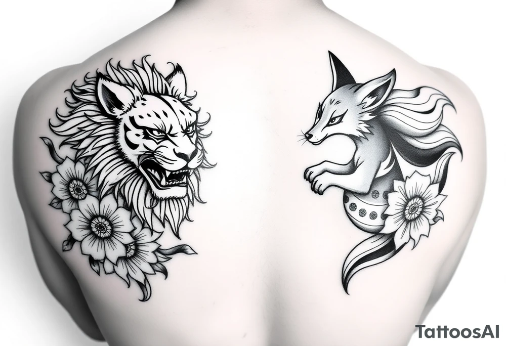 sleeve tattoo, black and white, lion and nine-tailed fox irezumi style with asian floral designs surrounding them tattoo idea