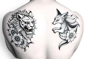 sleeve tattoo, black and white, lion and nine-tailed fox irezumi style with asian floral designs surrounding them tattoo idea