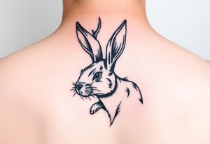 abstract jack rabbit with antlers coming out from its head, between the ears tattoo idea