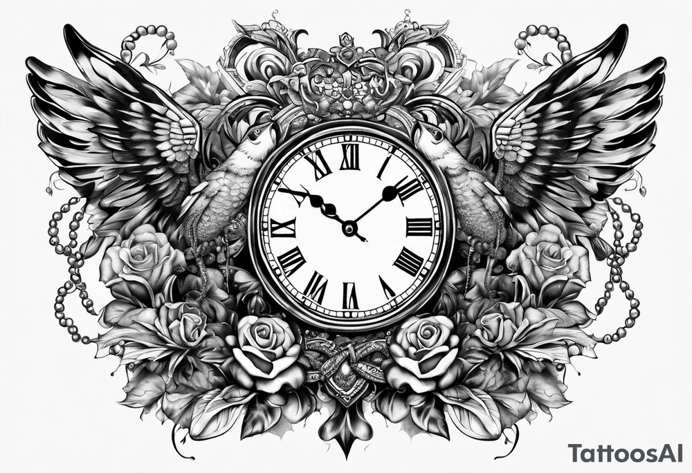 2 heads, timeless clock, rosary tattoo idea