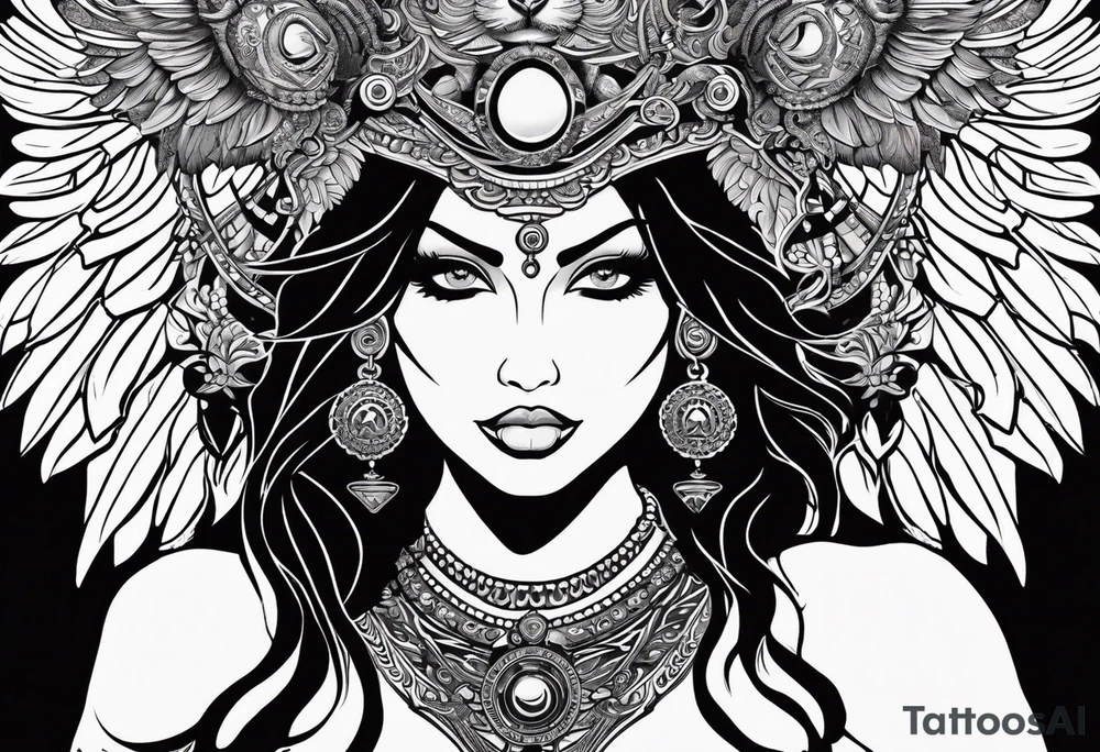 black kali, goddess pirate, alien, angel, pachamama, valkrye, warrior, flying, skull, lotus azul, wing, eagle, zenza resonance, stars, 5D, anahata chakra, death, durga, riding on a tiger, flying lady, kundalini, chest tatoo, rebel tattoo idea
