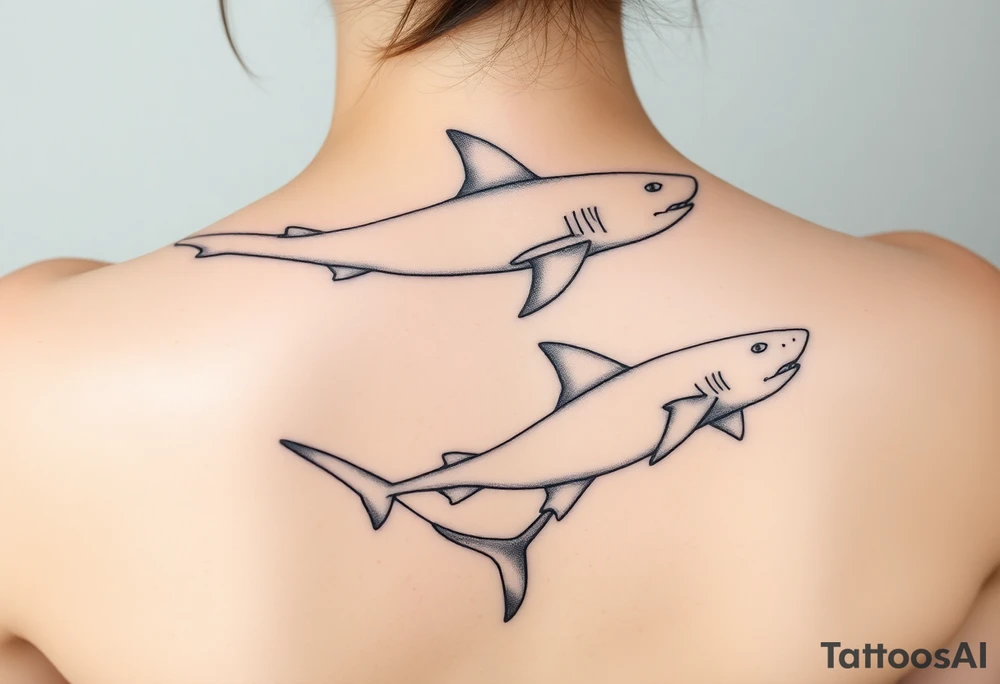 lemon shark and whale shark swimming up the spine tattoo idea