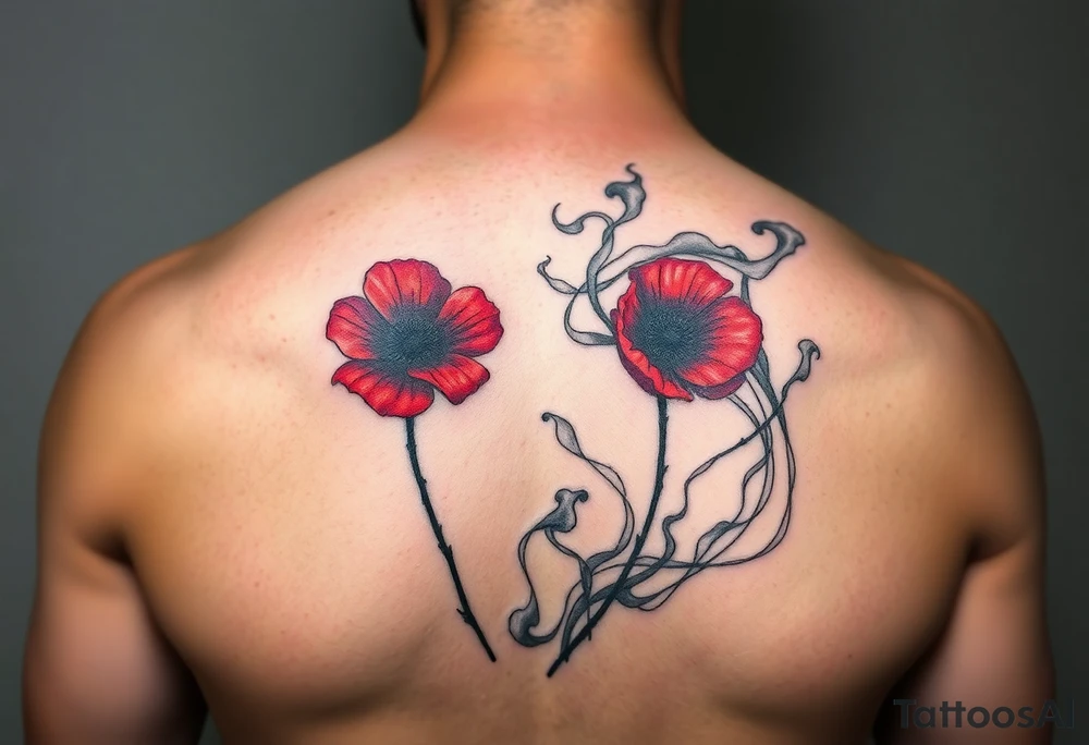 Big army inspired loss of friends 2 red poppy’s, and smoke tattoo idea