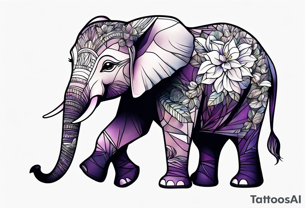 Baby elephant sitting with lilacs in its trunk tattoo idea