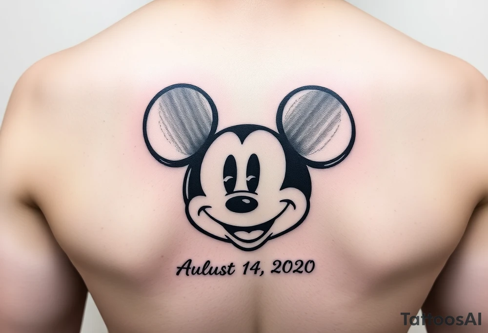 mickey mouse symbol with the name Galileo and the date August 14,2020, incorporated tattoo idea