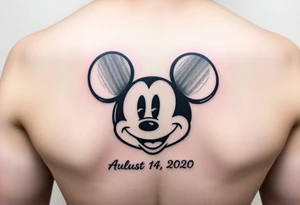 mickey mouse symbol with the name Galileo and the date August 14,2020, incorporated tattoo idea
