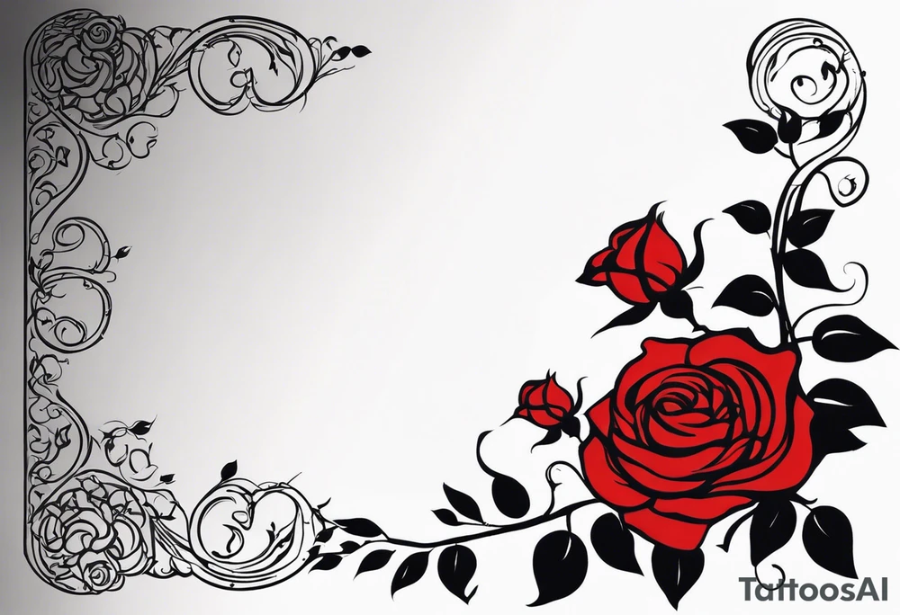 draw image of sleeve tattoo that has 65 small roses on a vine, they can be different sizes. It is long and narrow in design so it fits on an arm. The vine has some leaves and thorns but not too many. The roses will be a mix of small and medium size with some front on and others side on. the tattoo is for a male tattoo idea