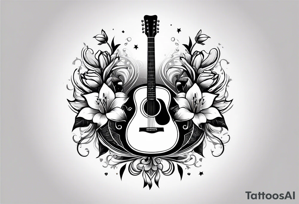 basic black acoustic guitar wrapped with lilies around the neck, with a simple black star on the guitar body. meant for the inside of a woman's bicep tattoo idea