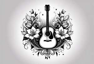 basic black acoustic guitar wrapped with lilies around the neck, with a simple black star on the guitar body. meant for the inside of a woman's bicep tattoo idea