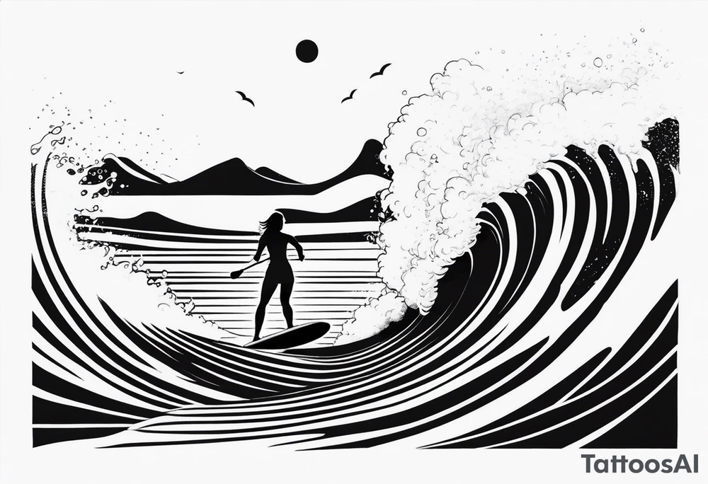 A girl that surfs on a longboard in a very elegant style and it should be very minimalistic and fineline tattoo idea